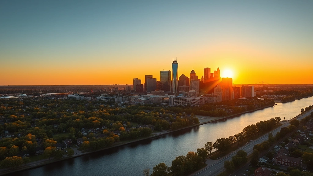 Aerial view of Minneapolis skyline with Mississippi River and downtown skyscrapers during golden hour sunset, tree-lined neighborhoods visible in background
