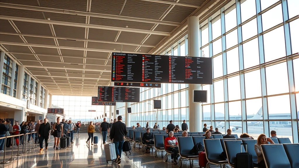 Modern airport terminal interior showing departure boards and travelers with luggage, natural light streaming through large windows, busy but organized seating areas
