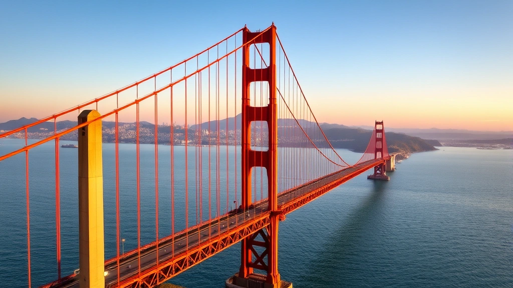 Golden Gate Bridge with San Francisco Bay and skyline at sunset, clear day, vibrant orange suspension bridge cables visible, water sparkling