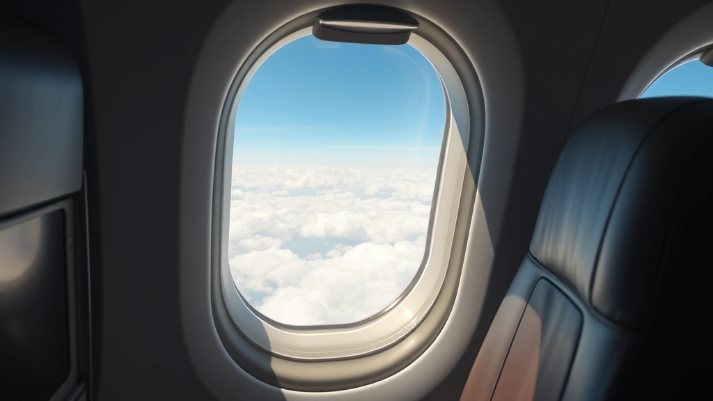 Modern airplane cabin interior during flight, window seat view of clouds and sky, natural daylight streaming through window, comfortable seat visible