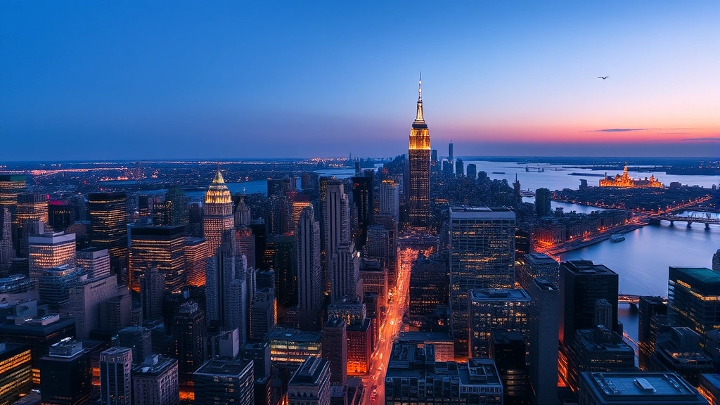 Aerial view of Manhattan skyline at dusk, Empire State Building illuminated, Hudson River reflecting city lights, urban landscape panorama