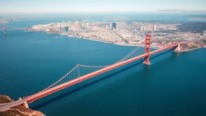 Aerial view of San Francisco Bay with Golden Gate Bridge visible, blue water, downtown skyline in background, clear sunny day, photorealistic
