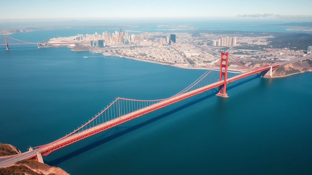 Aerial view of San Francisco Bay with Golden Gate Bridge visible, blue water, downtown skyline in background, clear sunny day, photorealistic