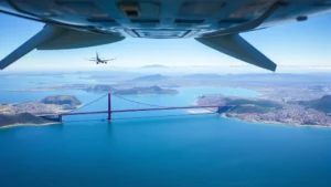 Aerial view of San Francisco Bay with Golden Gate Bridge visible, commercial aircraft approaching San Francisco International Airport, blue ocean waters below, sunny day