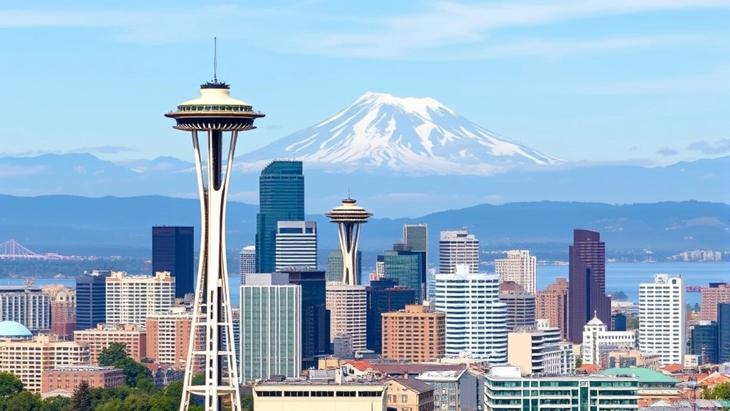 Seattle Space Needle and downtown skyline with Mount Rainier in background, Puget Sound waterfront, modern architecture, daytime, photorealistic