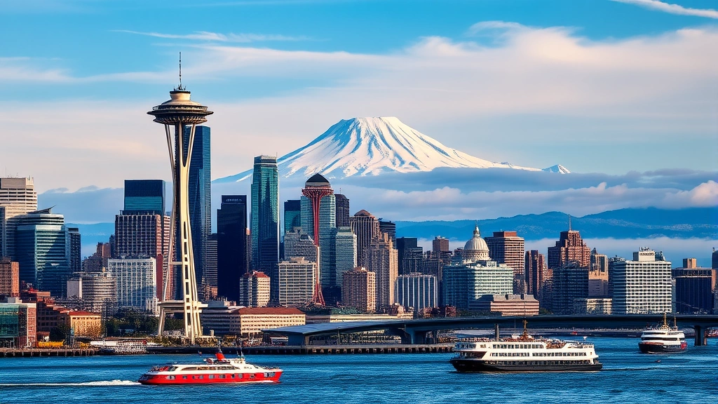Seattle skyline featuring Space Needle and Puget Sound, Mount Rainier in background, ferry boats on water, modern downtown buildings, dramatic Pacific Northwest landscape