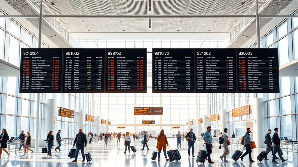 Modern airport terminal interior with departure boards, travelers with luggage, natural light from windows, busy travel hub atmosphere, photorealistic