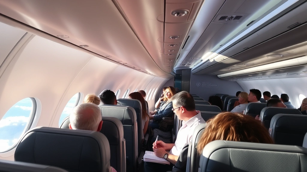 Passengers inside modern commercial aircraft cabin, comfortable seating rows, window showing clouds and Pacific coastline below, bright natural light, diverse travelers relaxed