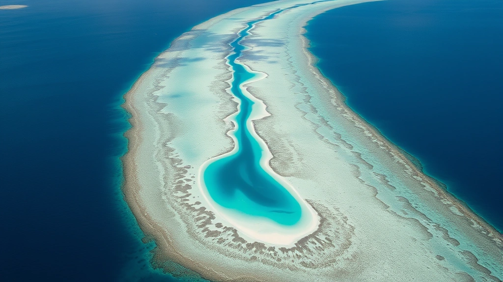 Aerial view of pristine Belize barrier reef with turquoise shallow water, white sand channels, and dark blue deep ocean, tropical paradise landscape photography