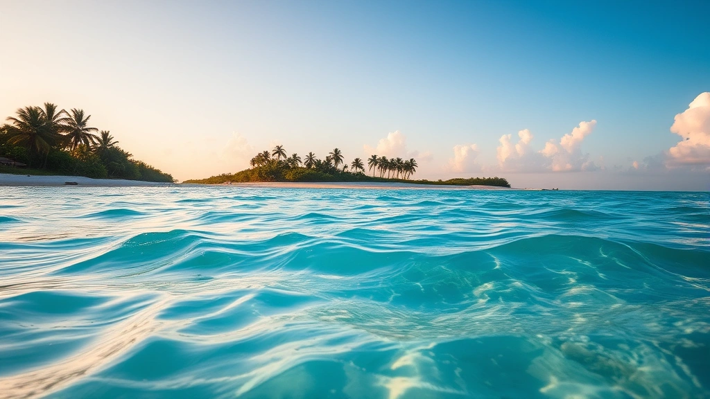 Turquoise Caribbean waters with sandy beach and palm trees in Belize, golden hour sunlight reflecting off gentle waves, paradise vacation destination