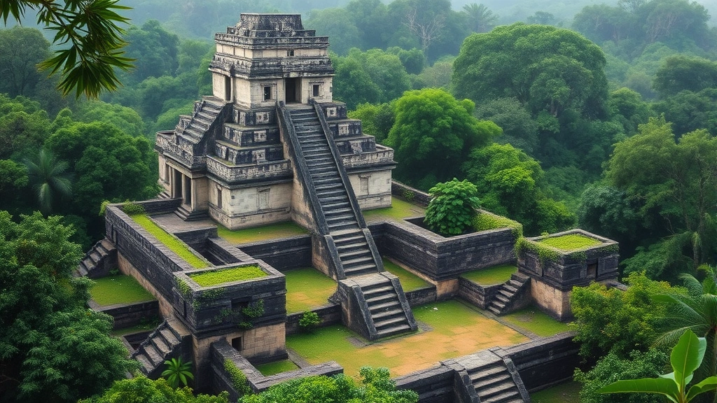 Ancient Mayan stone temple ruins surrounded by lush jungle vegetation, carved limestone blocks in morning mist, archaeological wonder in Central America