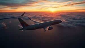 Modern commercial airplane flying over Pacific Ocean at sunset with Mount Fuji visible in distant clouds, golden hour lighting, photorealistic