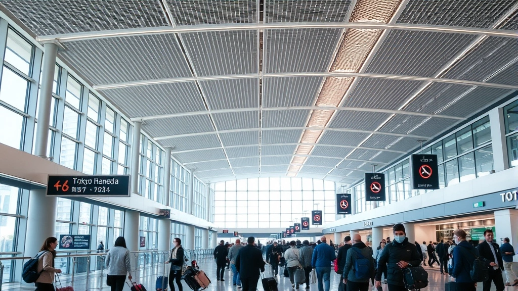 Tokyo Haneda Airport modern terminal interior with travelers with luggage, bright natural light, contemporary architecture, bustling but organized atmosphere