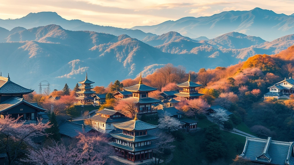 Aerial view of Japanese countryside with traditional temples nestled among mountains and cherry blossom trees in spring, vibrant landscape, photorealistic