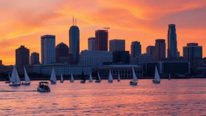 Vibrant Milwaukee lakefront at sunset with sailboats on Lake Michigan, historic brewery buildings and modern skyscrapers silhouetted against orange sky