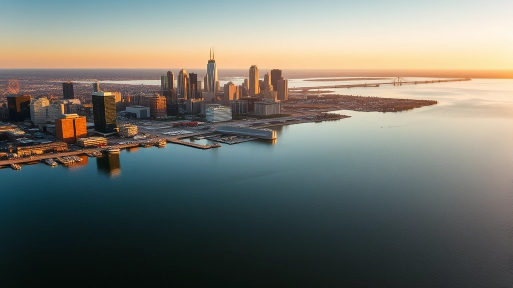 Aerial view of Milwaukee skyline reflecting in calm Lake Michigan waters, downtown buildings and harbor visible, morning light golden across the waterfront