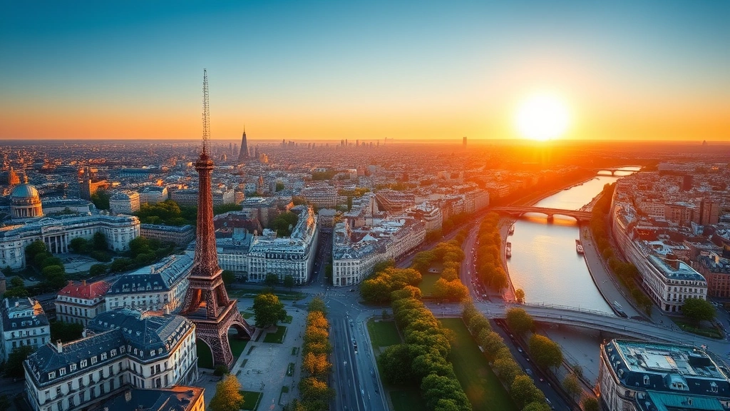 Aerial view of Paris cityscape at sunrise with Eiffel Tower and Seine River visible, golden morning light illuminating historic architecture and tree-lined boulevards, vibrant European urban landscape