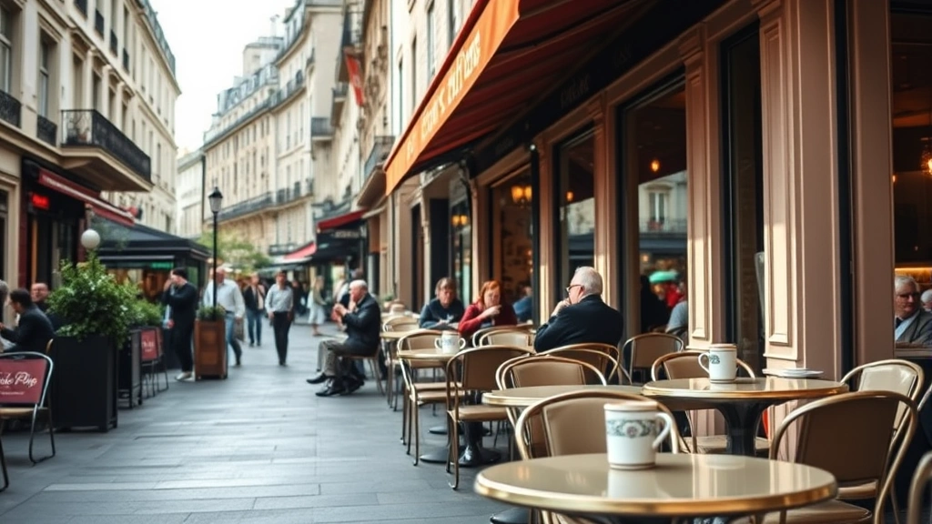 Scenic view of Parisian café street scene with outdoor seating, bistro chairs and tables along charming European street, warm afternoon light, local Parisians enjoying coffee, authentic French culture and ambiance