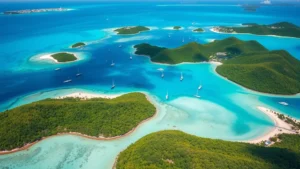 Aerial view of turquoise Caribbean waters surrounding lush green US Virgin Islands with white sand beaches and sailboats, tropical paradise landscape photography