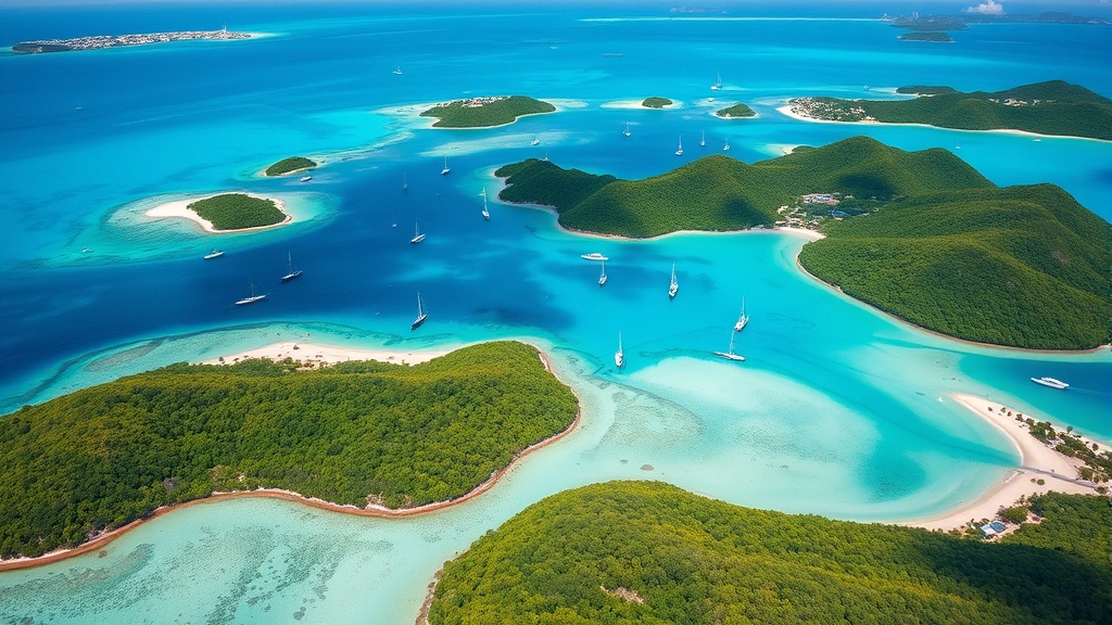 Aerial view of turquoise Caribbean waters surrounding lush green US Virgin Islands with white sand beaches and sailboats, tropical paradise landscape photography