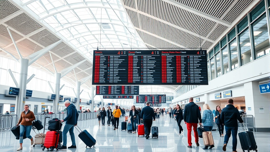 Modern airport terminal interior with departure boards and travelers checking luggage, bright natural lighting and contemporary architecture, busy aviation hub