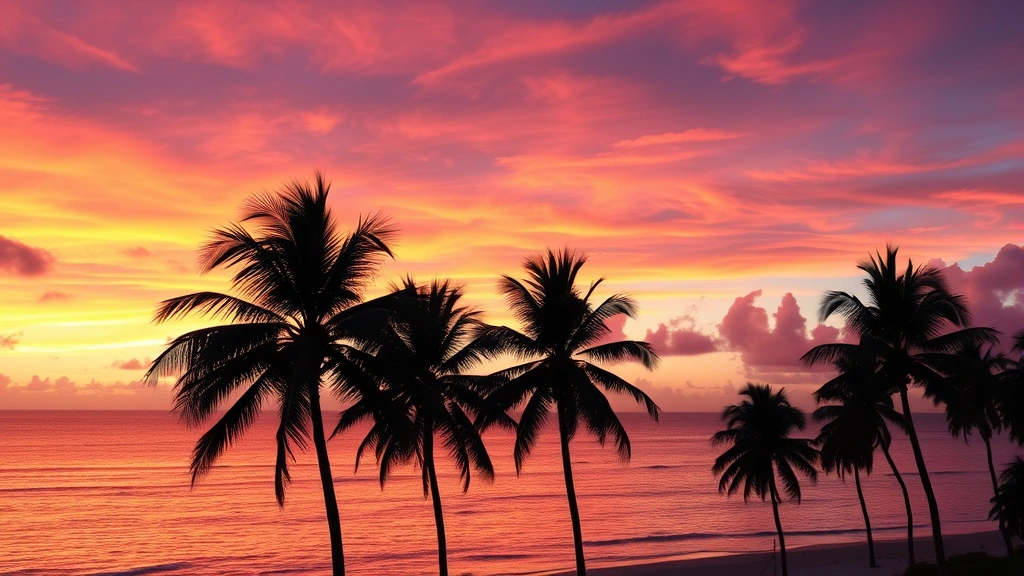 Stunning sunset over calm Caribbean Sea with vibrant orange and pink sky reflecting on water, palm trees silhouetted on tropical beach foreground