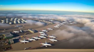 Aerial view of Boston Logan International Airport with planes lined up at gates, morning golden light, tarmac and terminal buildings visible, bustling airport activity