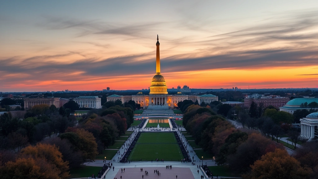 Washington DC National Mall panoramic view with Washington Monument and Capitol Building at sunset, tourist walking paths, iconic American landmarks, golden hour lighting