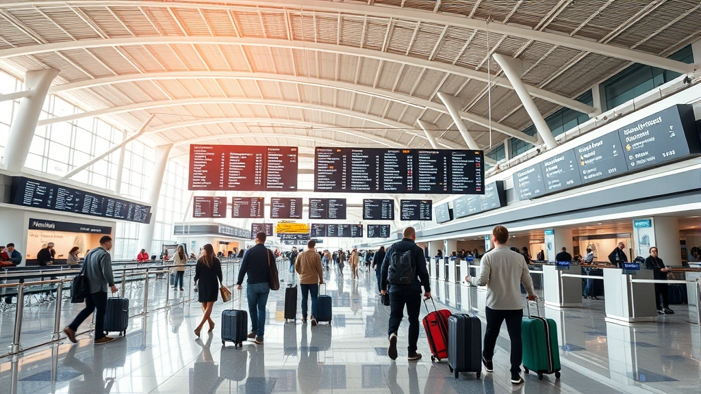 Inside modern airport terminal with digital flight information displays, travelers checking luggage, check-in counters, contemporary airport architecture, bright natural lighting