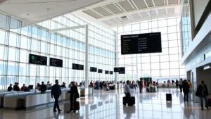 Boston Logan International Airport modern terminal interior with check-in counters, travelers with luggage, natural light from large windows, contemporary architecture