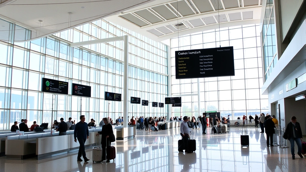 Boston Logan International Airport modern terminal interior with check-in counters, travelers with luggage, natural light from large windows, contemporary architecture