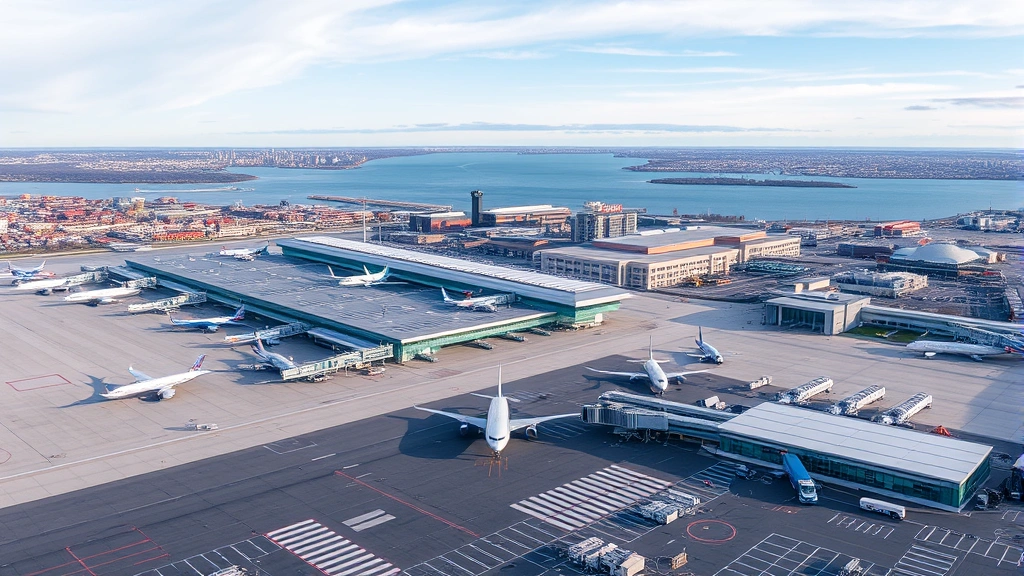 Aerial view of Boston Logan International Airport with multiple aircraft at gates, modern terminal buildings visible, and Boston harbor in background during daytime