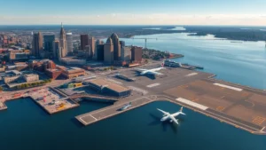 Aerial view of Boston Harbor and Logan International Airport with downtown skyline, morning light, commercial airplanes on tarmac, New England landscape in background