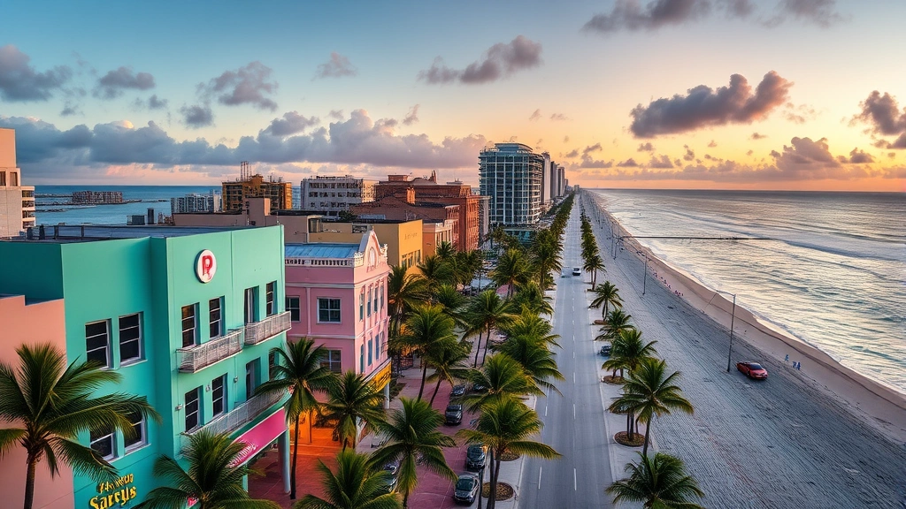 Miami Beach Art Deco historic district with pastel buildings, palm trees lining streets, ocean and white sand beach visible, tropical sunset lighting, vibrant turquoise water