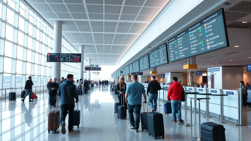 Modern airport terminal interior showing gate areas, boarding passengers with luggage, departure boards displaying flight information, contemporary travel setting, busy but organized atmosphere