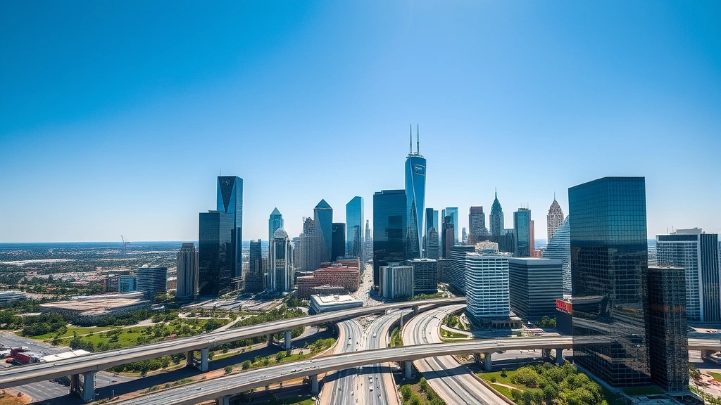 Aerial view of Dallas skyline with modern skyscrapers and highways, bright sunny day, professional cityscape photography, no text or signage visible