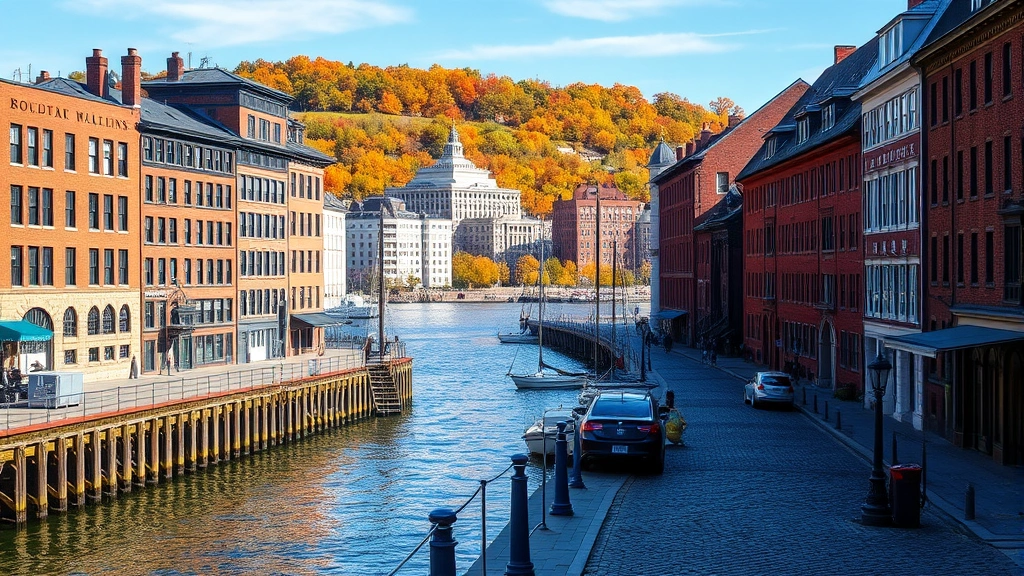 Historic Boston waterfront with brick buildings, harbor views, and cobblestone streets, autumn foliage in background, nobody in frame, daylight photography