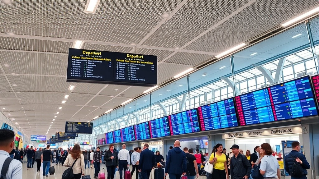 Busy airport terminal interior showing departure boards and travelers with luggage, modern lighting, commercial aviation environment, no readable text on signs