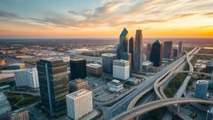 Aerial view of Dallas skyline with modern glass buildings and highways, golden hour lighting, vibrant cityscape photography