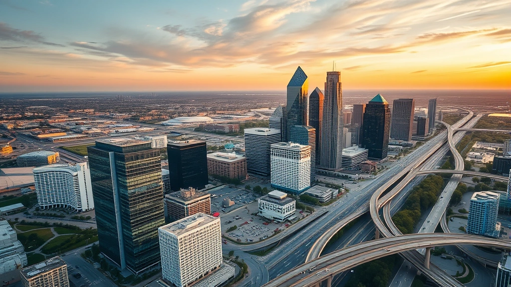 Aerial view of Dallas skyline with modern glass buildings and highways, golden hour lighting, vibrant cityscape photography