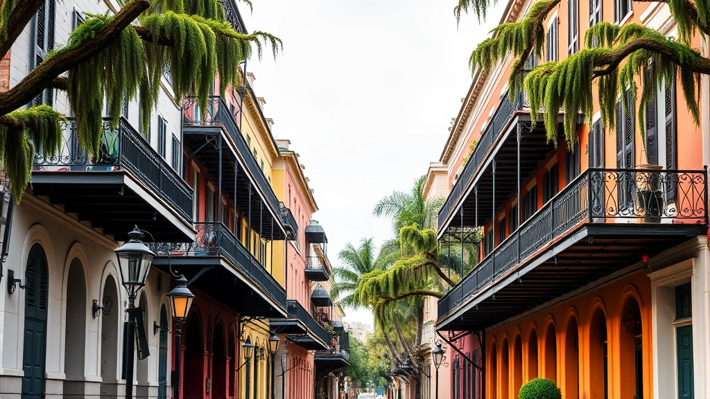 Historic French Quarter street in New Orleans with colorful colonial buildings, wrought iron balconies, gas lamps, and Spanish moss on trees