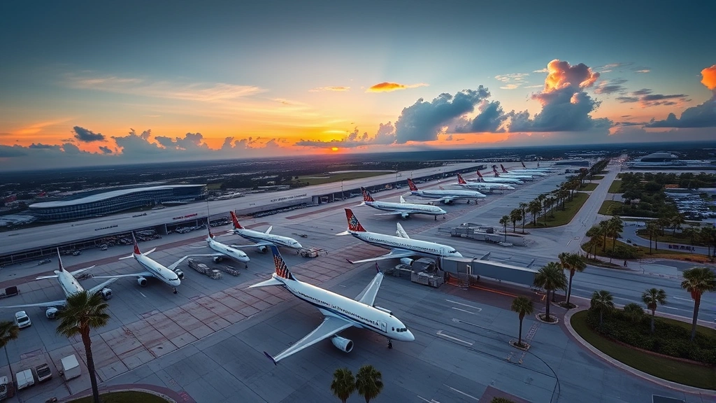 Aerial view of Orlando International Airport with planes at gates, palm trees, and Florida landscape at sunrise, photorealistic travel photography