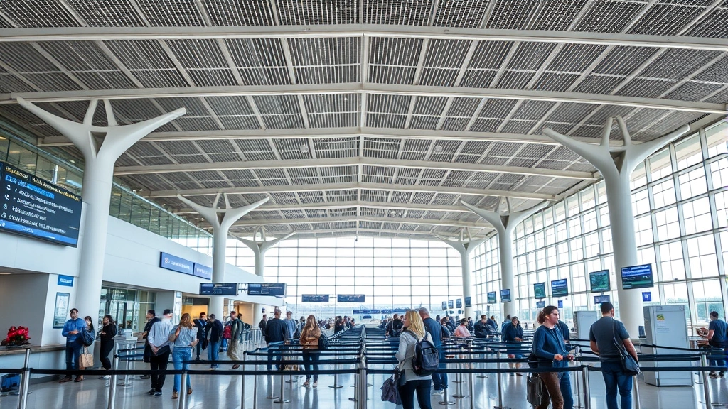 Albany International Airport departure hall with travelers checking in at counters, modern airport interior, bright natural lighting, bustling travel atmosphere