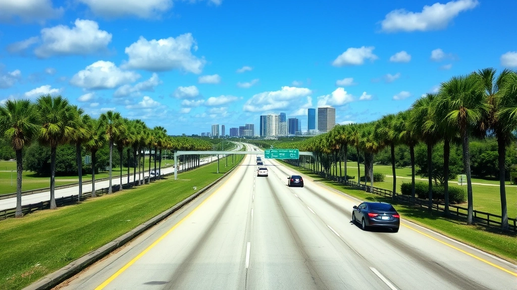 Florida scenic drive on I-4 corridor with palm trees lining highway, blue sky, Orlando skyline visible in distance, daytime road trip photography