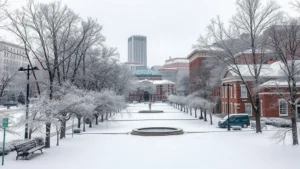 Snowy Boston Common in winter with historic brownstone buildings, pristine white landscape, frost-covered trees, empty pathways, New England architecture, cold season atmosphere, no people, no text