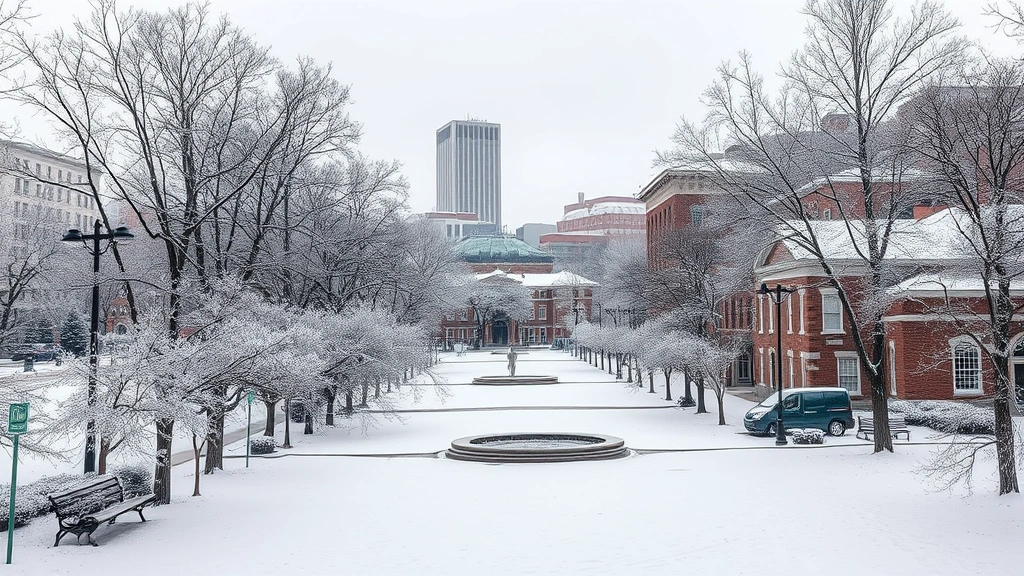 Snowy Boston Common in winter with historic brownstone buildings, pristine white landscape, frost-covered trees, empty pathways, New England architecture, cold season atmosphere, no people, no text