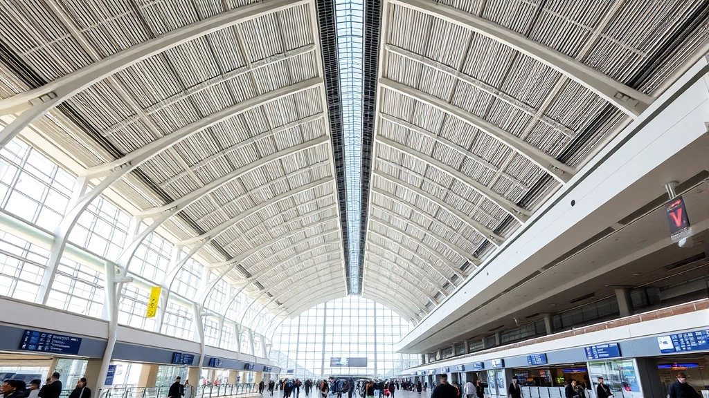 Modern Boston Logan Airport terminal interior with soaring ceiling, contemporary architecture, bright natural lighting, departure boards visible but unreadable, travelers moving through space, professional travel environment