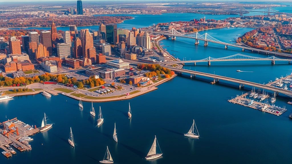 Aerial view of Boston harbor with sailboats, Charles River, downtown skyline reflecting in water, autumn foliage visible on surrounding areas, multiple bridges connecting neighborhoods, vibrant cityscape, no text or signs