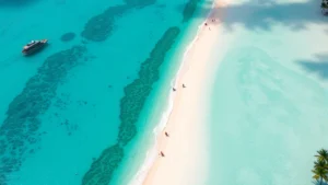Aerial view of turquoise Caribbean waters meeting white sand beach in Cancun, Mexico, with resort buildings and palm trees visible from above, daytime tropical setting