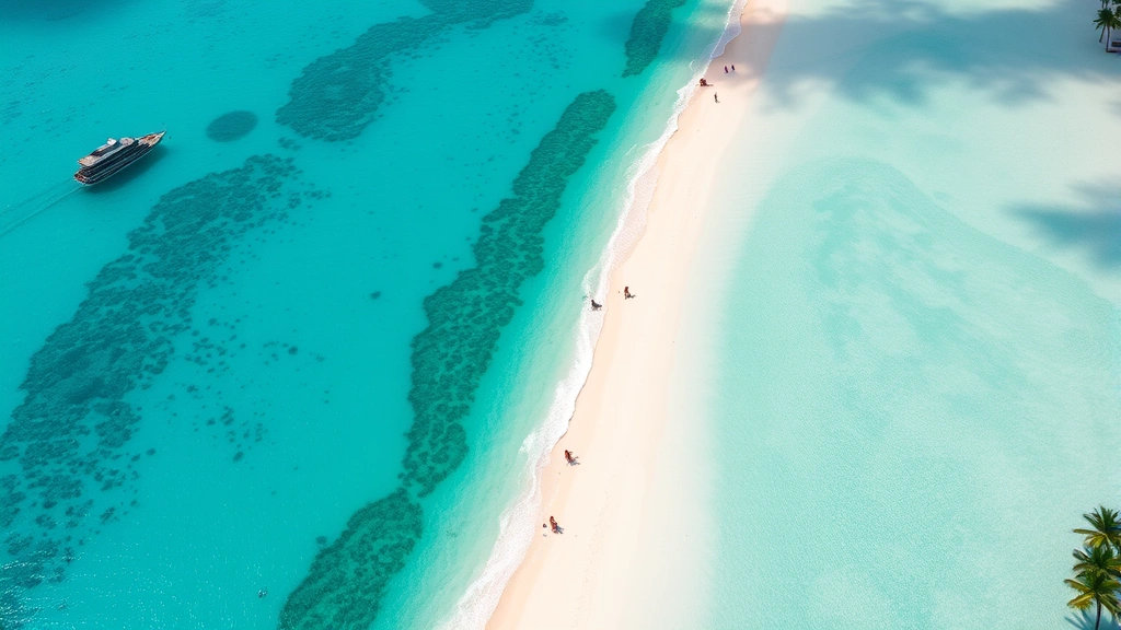 Aerial view of turquoise Caribbean waters meeting white sand beach in Cancun, Mexico, with resort buildings and palm trees visible from above, daytime tropical setting